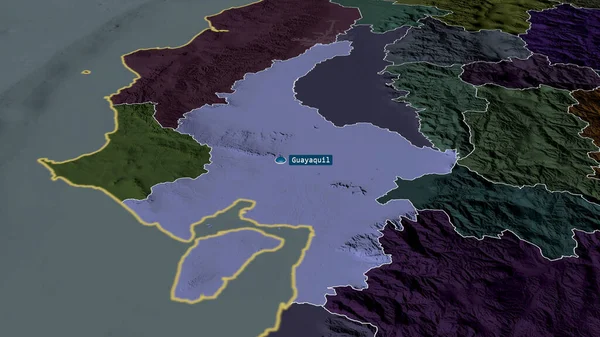 Guayas - Ekvador vilayeti sermaye ile yakınlaştırıldı ve vurgulandı. İdari bölümün renkli ve çarpık haritası. 3B görüntüleme