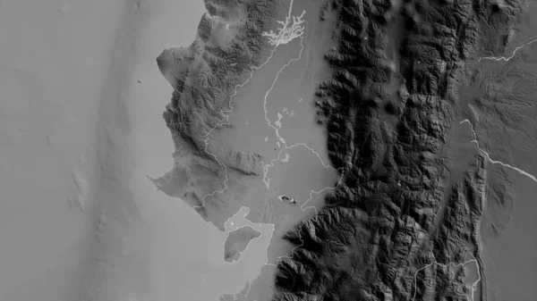 Guayas, Ekvador vilayeti. Gölleri ve nehirleri olan gri tonlu bir harita. Ülke alanına göre şekillendirilmiş. 3B görüntüleme