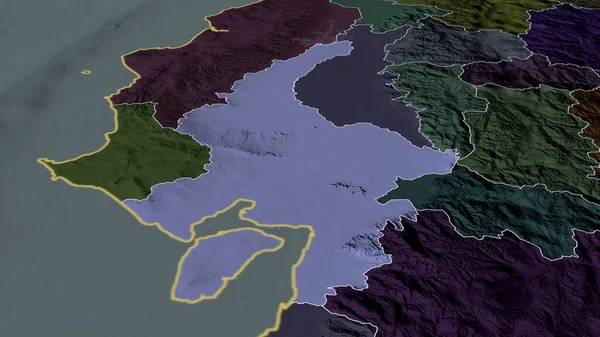 Guayas - Ekvador vilayeti yakınlaştırıldı ve altı çizildi. İdari bölümün renkli ve çarpık haritası. 3B görüntüleme
