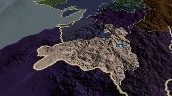 Loja - Ekvador vilayeti sermaye ile yakınlaştırıldı ve vurgulandı. İdari bölümün renkli ve çarpık haritası. 3B görüntüleme
