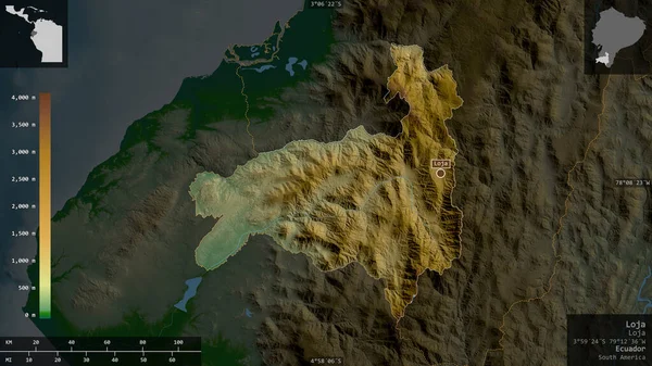 Loja Provincia Ecuador Datos Sombreado Colores Con Lagos Ríos Forma — Foto de Stock