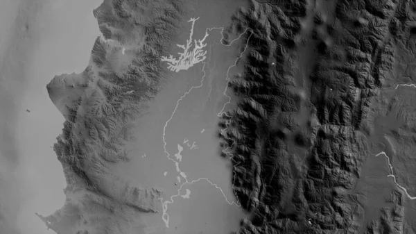 Los Rios, Ekvador vilayeti. Gölleri ve nehirleri olan gri tonlu bir harita. Ülke alanına göre şekillendirilmiş. 3B görüntüleme