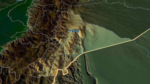 Morona Santiago - Ekvador vilayeti sermaye ile yakınlaştırıldı ve vurgulandı. Ana fiziksel manzara özellikleri. 3B görüntüleme