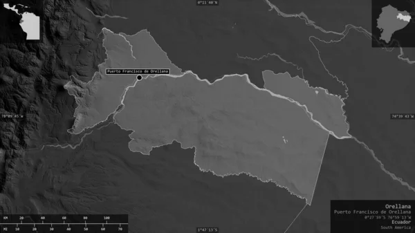Orellana, province of Ecuador. Grayscaled map with lakes and rivers. Shape presented against its country area with informative overlays. 3D rendering