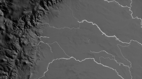 Sucumbios, province of Ecuador. Grayscaled map with lakes and rivers. Shape outlined against its country area. 3D rendering