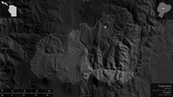 Tungurahua, province of Ecuador. Grayscaled map with lakes and rivers. Shape presented against its country area with informative overlays. 3D rendering
