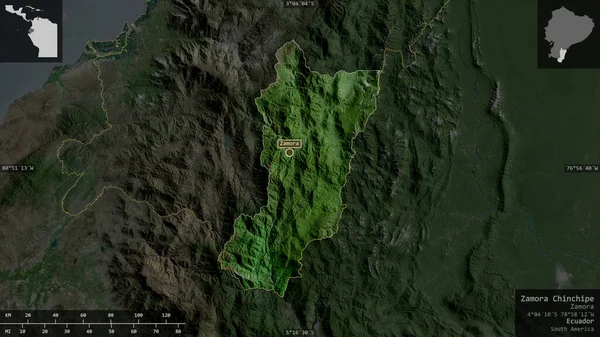 Zamora Chinchipe, Ekvador vilayeti. Uydu görüntüleri. Ülke alanına karşı bilgilendirici örtülerle sunulan şekil. 3B görüntüleme