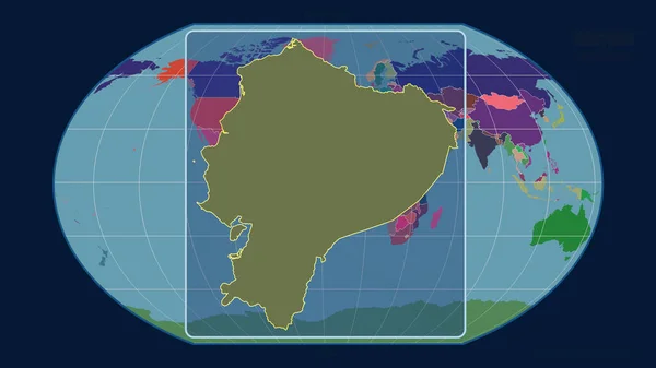 Zoomed-in view of Ecuador outline with perspective lines against a global map in the Kavrayskiy projection. Shape centered. color map of administrative divisions