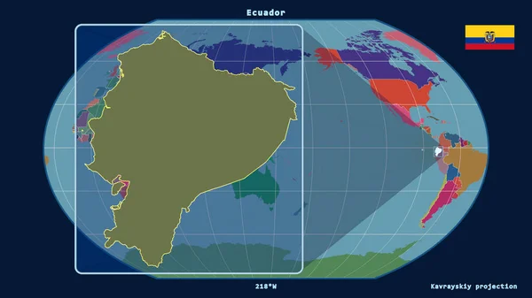 Zoomed-in view of Ecuador outline with perspective lines against a global map in the Kavrayskiy projection. Shape on the left side. color map of administrative divisions