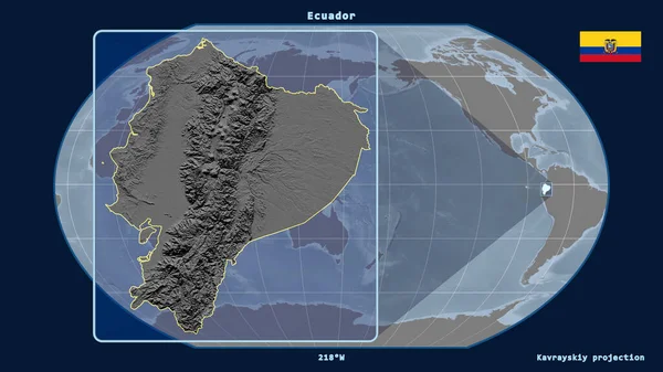 Zoomed-in view of Ecuador outline with perspective lines against a global map in the Kavrayskiy projection. Shape on the left side. grayscale elevation map