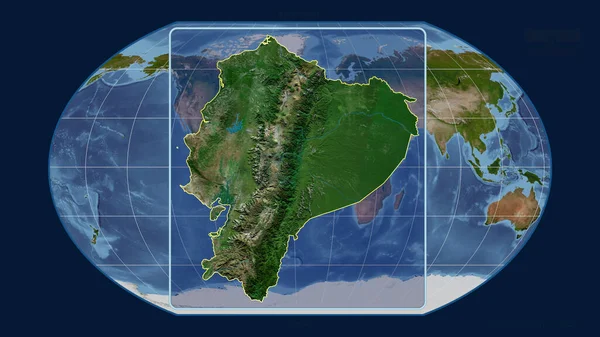 Zoomed-in view of Ecuador outline with perspective lines against a global map in the Kavrayskiy projection. Shape centered. satellite imagery