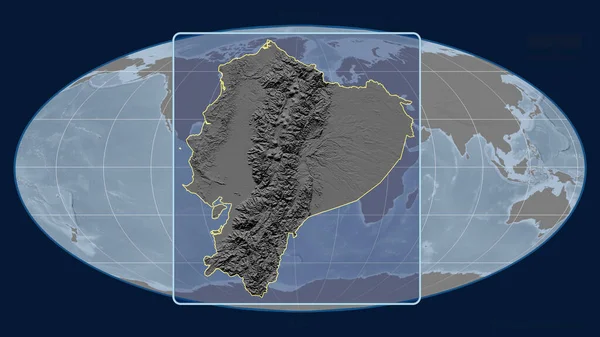 Zoomed-in view of Ecuador outline with perspective lines against a global map in the Mollweide projection. Shape centered. grayscale elevation map