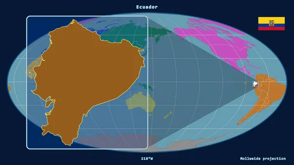 Zoomed-in view of Ecuador outline with perspective lines against a global map in the Mollweide projection. Shape on the left side. color map of continents