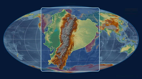 Zoomed-in view of Ecuador outline with perspective lines against a global map in the Mollweide projection. Shape centered. topographic relief map