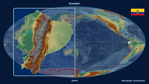 Zoomed-in view of Ecuador outline with perspective lines against a global map in the Mollweide projection. Shape on the left side. topographic relief map