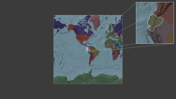 世界の大規模な地図から抽出されたエクアドルの拡大拡大領域と フレームの隅を結ぶ主要線 行政庁のカラーマップ — ストック写真