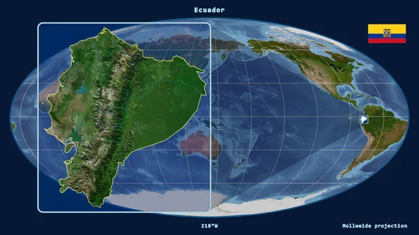 Zoomed-in view of Ecuador outline with perspective lines against a global map in the Mollweide projection. Shape on the left side. satellite imagery