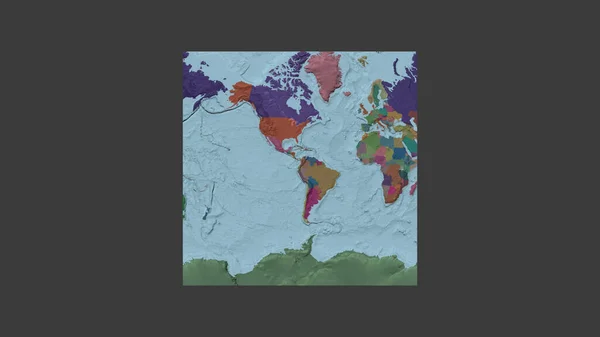 エクアドルの領土を中心に斜めのヴァン グリンテン投影で世界の大規模な地図の正方形のフレーム 行政庁のカラーマップ — ストック写真