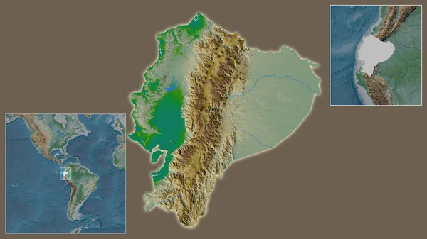 エクアドルのクローズアップと地域と大規模な世界地図の中心部に位置しています 地図の色 — ストック写真