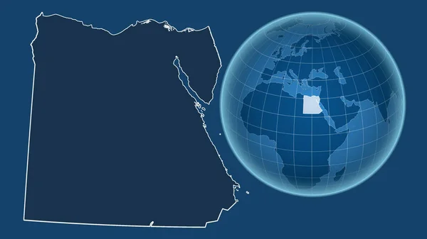 Egypt Globe Tvarem Země Proti Zvětšené Mapě Obrysem Izolovaným Modrém — Stock fotografie