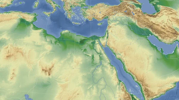 埃及及其邻国 距离偏斜的视角 没有轮廓 彩色物理图 — 图库照片