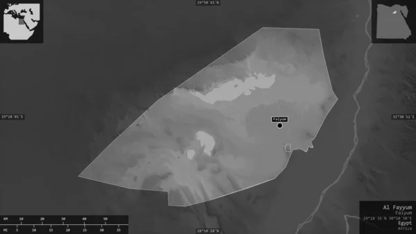 Al Fayyum, governorate of Egypt. Grayscaled map with lakes and rivers. Shape presented against its country area with informative overlays. 3D rendering