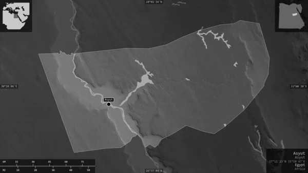 Asyut, governorate of Egypt. Grayscaled map with lakes and rivers. Shape presented against its country area with informative overlays. 3D rendering