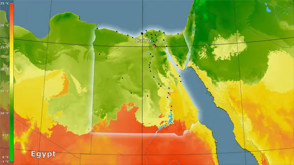 Середня Температура Найтеплішого Кварталу Районі Єгипту Стереографічній Проекції Легендою — стокове фото