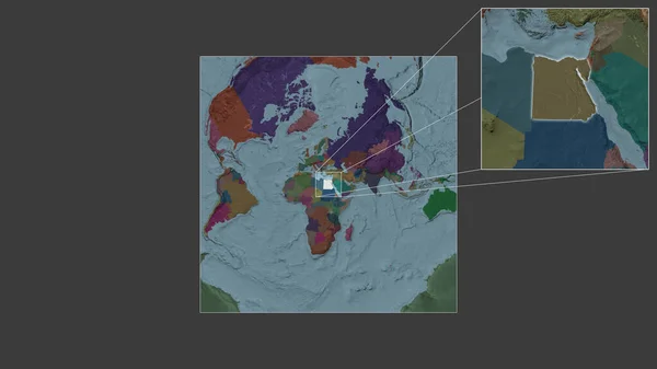 从世界大比例尺地图中提取出的扩大和扩大的埃及地区 其主要线连接了框架的各个角落 行政区划的彩色地图 — 图库照片