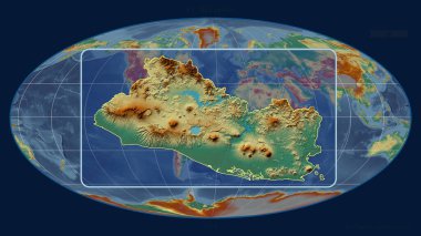 El Salvador 'un, Mollweide projeksiyonundaki küresel bir haritaya karşı perspektif çizgileri ile yakınlaştırılmış görüntüsü. Şekil merkezli. topografik yardım haritası