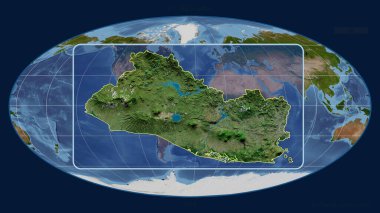 El Salvador 'un, Mollweide projeksiyonundaki küresel bir haritaya karşı perspektif çizgileri ile yakınlaştırılmış görüntüsü. Şekil merkezli. uydu resimleri