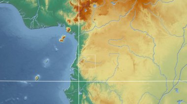 Ekvator Ginesi. Mahalle - ülkenin dış hatlarıyla uzak perspektif. topografik yardım haritası