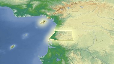 Ekvator Ginesi ve çevresi. Uzak eğimli perspektif - şekil parlıyordu. renk fiziksel haritası