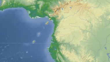 Ekvator Ginesi ve çevresi. Uzak eğimli perspektif - özet yok. renk fiziksel haritası