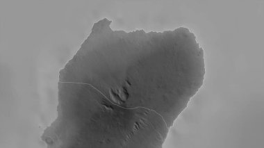 Bioko Norte, Ekvator Ginesi vilayeti. Gölleri ve nehirleri olan gri tonlu bir harita. Ülke alanına göre şekillendirilmiş. 3B görüntüleme