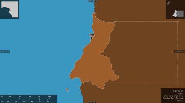 Litoral, Ekvator Ginesi vilayeti. Gölleri ve nehirleri olan katı yapılar. Ülke alanına karşı bilgilendirici örtülerle sunulan şekil. 3B görüntüleme