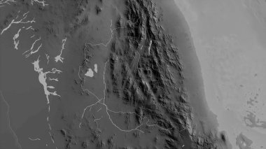 Anseba, Eritre bölgesi. Gölleri ve nehirleri olan gri tonlu bir harita. Ülke alanına göre şekillendirilmiş. 3B görüntüleme