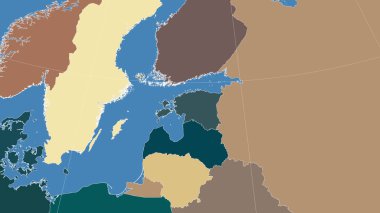 Estonya ve komşuları. Uzak eğimli perspektif - özet yok. idari bölümlerin renk haritası