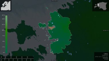 Laane, Estonya Eyaleti. Gölleri ve nehirleri olan renkli gölge verileri. Ülke alanına karşı bilgilendirici örtülerle sunulan şekil. 3B görüntüleme