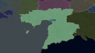 Parnu - Estonya 'nın başkenti yakınlaştırıldı ve sermaye ile vurgulandı. İdari bölümün renkli ve çarpık haritası. 3B görüntüleme