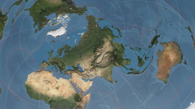 Avrasya tektonik plakası, Azimuthal Equidistance projeksiyonunun kenarları kesilmiş küresel uydu görüntülerine göz atmaktadır. 3B görüntüleme