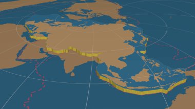 Avrasya tektonik plakası sadece küresel şekilleri genişletti ve çıkardı - Azimuthal Equidistance projeksiyonu ile karasal / okyanus maskesi ve kesik plakalar kenarları. 3B görüntüleme