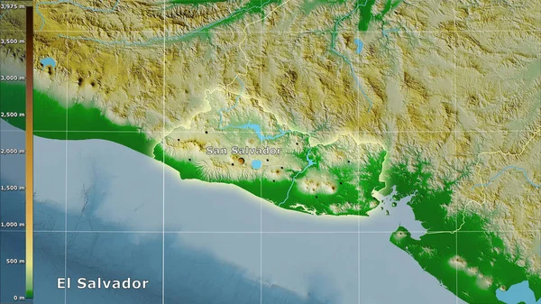 伝説と立体投影のエルサルバドル地域内の物理的な地図 主な組成 — ストック写真