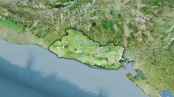 衛星Dマップ上のエルサルバドル領域の立体投影 暗い輝線アウトラインを持つラスター層の生の組成 — ストック写真