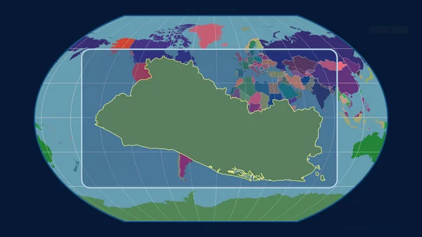 以透视线与Kavrayskiy投影中的全球地图对齐的萨尔瓦多轮廓缩放 形体中心 行政区划的彩色地图 — 图库照片