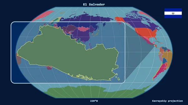 Přiblížený Pohled Salvador Perspektivními Liniemi Proti Globální Mapě Projekci Kavrayskiy — Stock fotografie