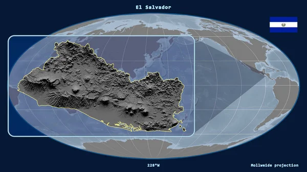 Увеличенный Вид Сальвадора Перспективными Линиями Против Глобальной Карты Проекции Моллвейда — стоковое фото