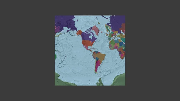 エルサルバドルの領土を中心とした斜めのヴァン グリンテン投影で世界の大規模な地図の正方形のフレーム 行政庁のカラーマップ — ストック写真