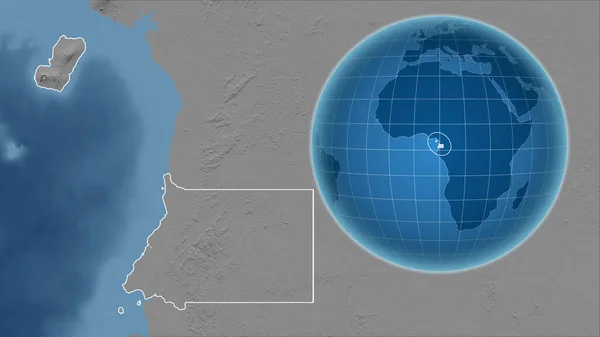 Equatorial Guinea. Globe with the shape of the country against zoomed map with its outline. grayscale elevation map