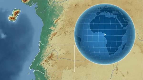 赤道ギニア アウトラインを持つ拡大地図に対して国の形を持つグローブ 地形図によると — ストック写真